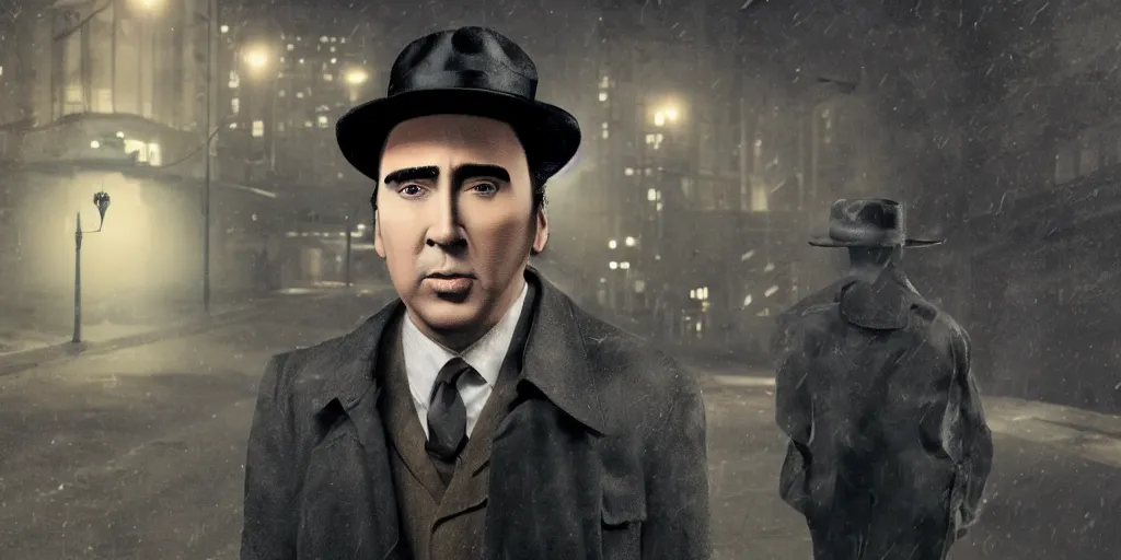 Image similar to a picture of a man with a face similar to nick cage, wearing a 1 9 4 0's noire detective outfit with fedora and trench coat, standing in the streets of chicago at night, detailed unblurred face, 4 k octane render digital painting