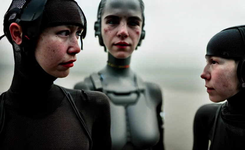 Image similar to cinestill 5 0 d candid photographic portrait by helen levitt of two loving female androids wearing rugged black mesh techwear in treacherous waters, extreme closeup, modern cyberpunk moody emotional cinematic, dust storm, 8 k, hd, high resolution, 3 5 mm, f / 3 2, ultra realistic faces, ex machina