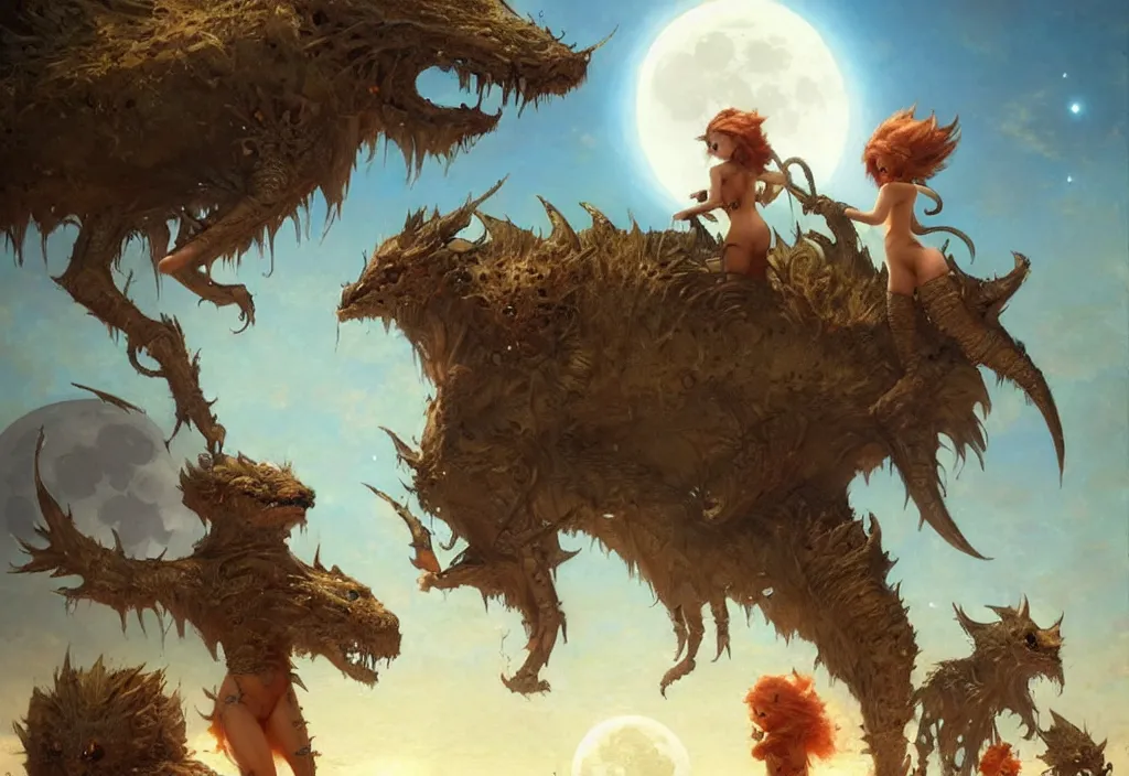 Image similar to cute fantasy critters at the beach looking at the moon, ultra realistic, concept art, highly detailed by greg rutkowski, gaston bussiere, craig mullins, simon bisley