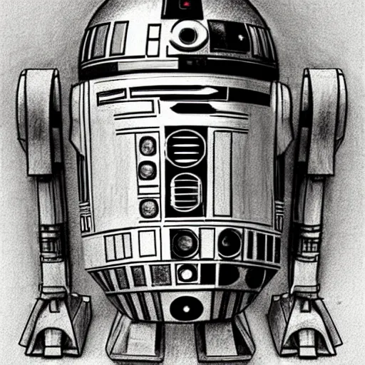 Prompt: a pencil sketch of the droid r 2 d 2 by leonardo davinci, star wars, droid, machine, sketch, da vinci, old masters, paper,
