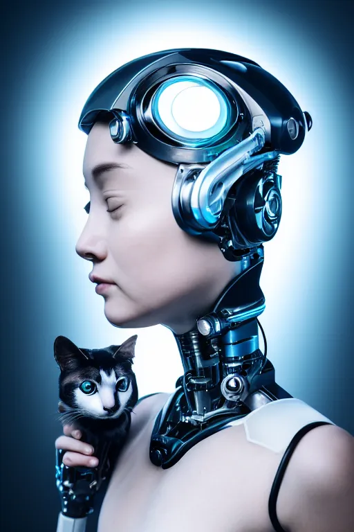 Image similar to cybernetic high tech female android with cat on her head, sci - fi, cyberpunk, futurism, exoskeleton, robotic, symmetry, cinematic, elegant, professional studio light, perfect composition, dlsr photography, sharp focus, 8 k, ultra hd, sense of awe, highly detailed, hyper realistic, intricate, science journal cover