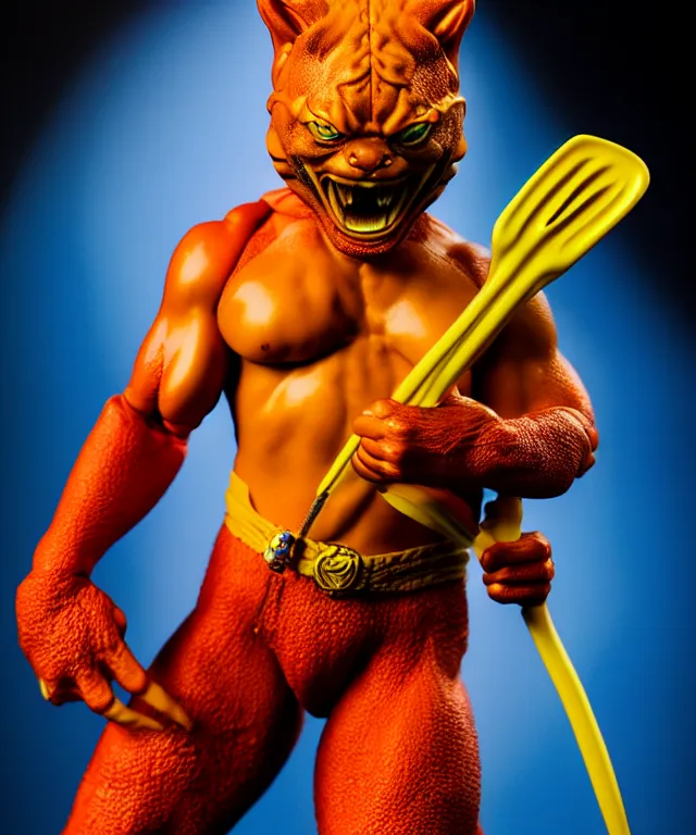 Image similar to hyperrealistic rendering, thundercat, by art of skinner and richard corben and jeff easley, product photography, action figure, sofubi, studio lighting, colored gels