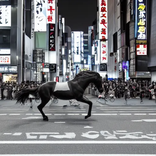 Prompt: horse running down the Tokyo Street night sky busy Street