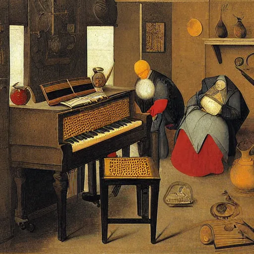 Image similar to old painting old piano, dot art, crosshatch, by pieter bruegel the elder