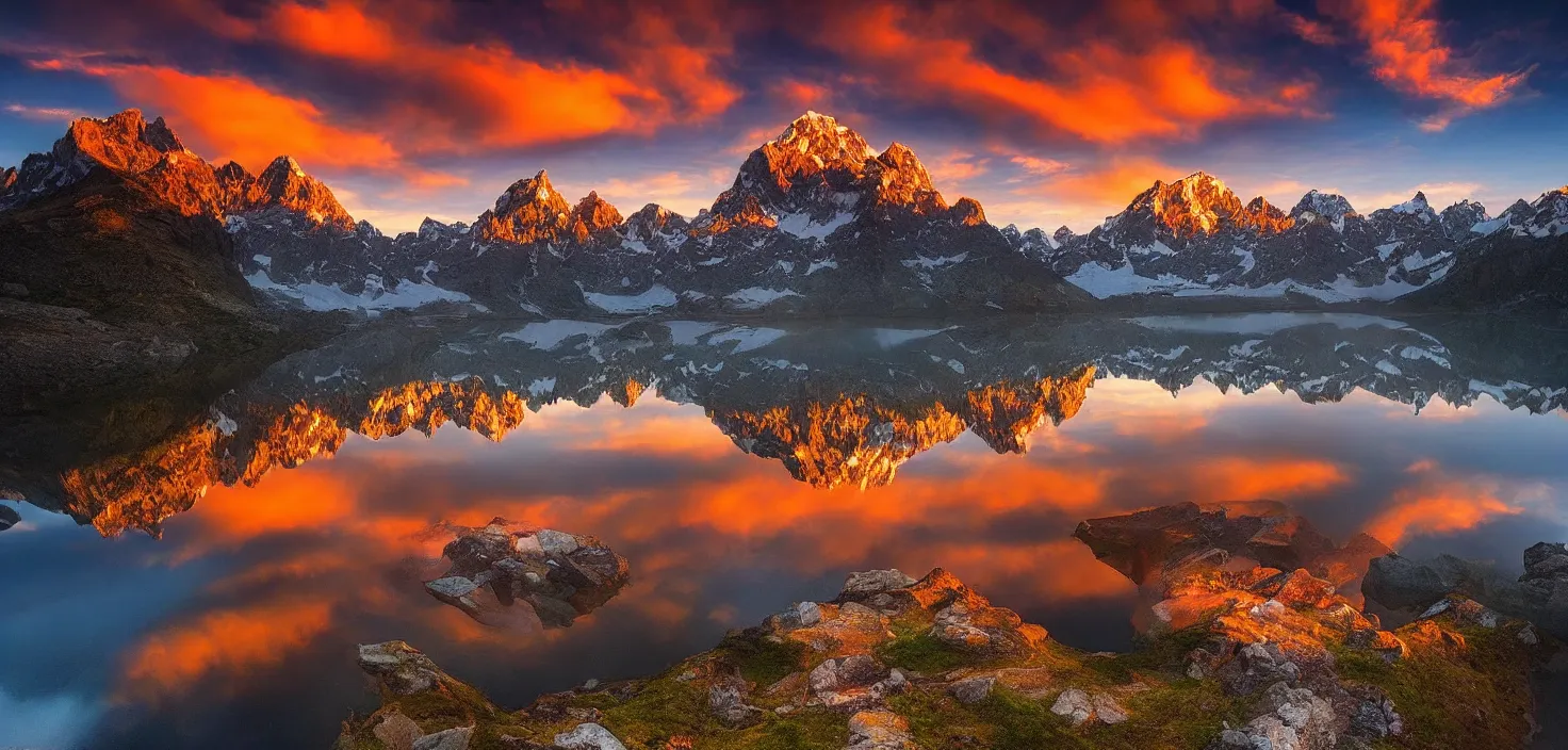 Image similar to amazing landscape photo of mountains with lake in sunset by marc adamus, beautiful dramatic lighting