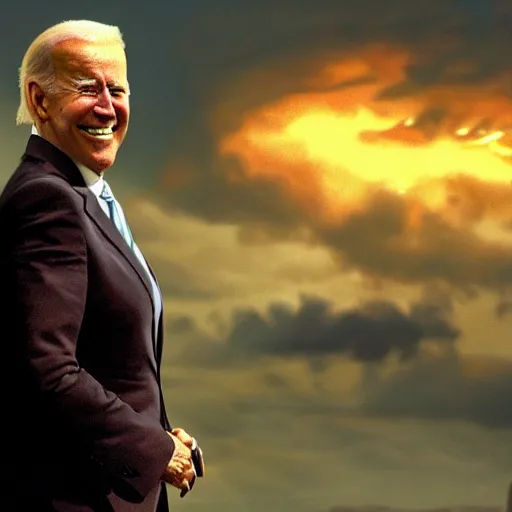 Image similar to joe biden smiling while behind him the world is burning, dramatic lighting, cinematic, establishing shot, extremly high detail, photorealistic, cinematic lighting, artstation, style by James Gurney