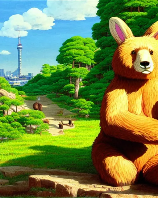 Image similar to a bear with rabbit ears, sitting in tokyo, city, sunny day, highly detailed, masterpiece, award winning, realistic, art by thomas cole and studio ghibli