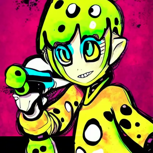 Prompt: inkling with splattershot, splatoon, comic art, anime art