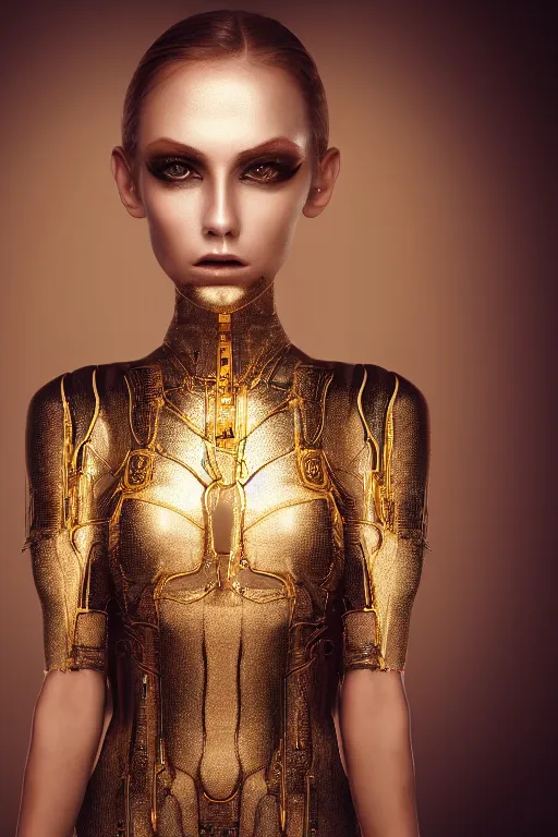 Prompt: beautifull cyberpunk woman model, wearing organic ceramic fractal outfit with gold ornametrics, luxury materials, symmetrical, cinematic, elegant, professional studio light, real dlsr photography, sharp focus, 4 k, ultra hd, sense of awe, high fashion