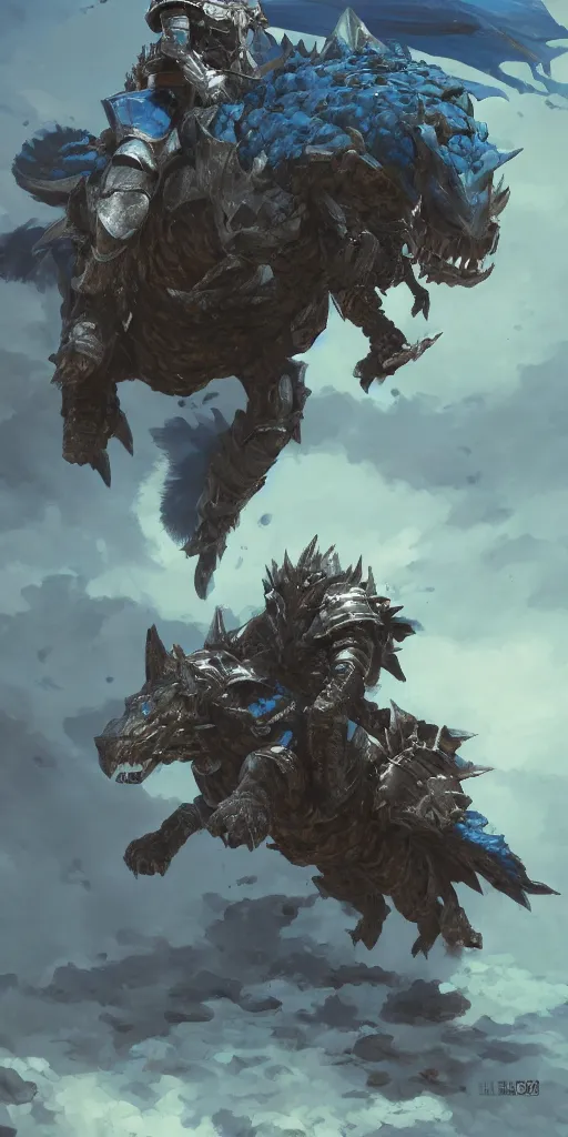 Image similar to Azure armored knight riding a wolf mount, Monster Hunter Illustrations art book, Moebius, Greg Rutkowski, Zabrocki, Karlkka, Jayison Devadas, Phuoc Quan, trending on Artstation, 8K, ultra wide angle, zenith view, pincushion lens effect.