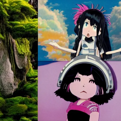 Image similar to bjork as anime, ghibli studio, outer space