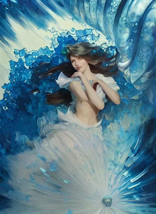 Image similar to cinderella, blue, splash aura in motion, floating pieces, painted art by tsuyoshi nagano, greg rutkowski, artgerm, alphonse mucha, spike painting