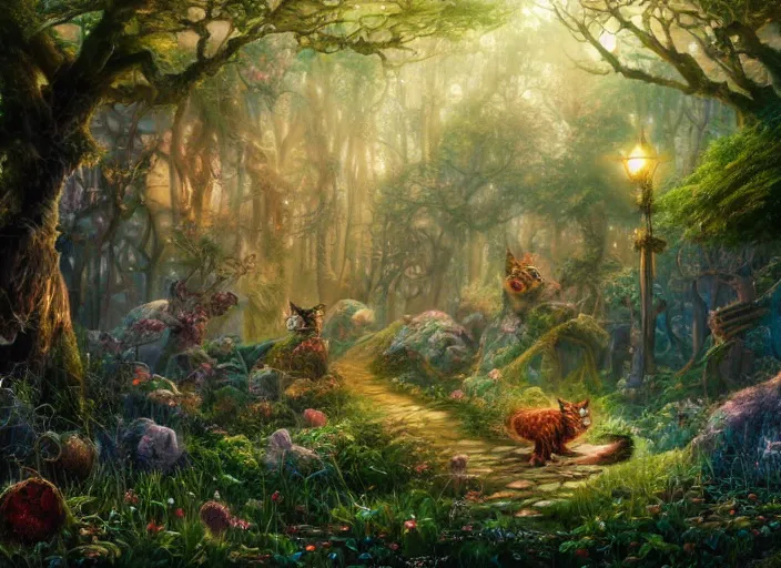 Image similar to desktop background, magical fantasy forest, magical cat creatures, path traced, highly detailed, high quality, digital painting, by studio ghibli, lise deharme, alexander jansson, paul lehr, tim white, hans zatzka, george stubbs, louis wain