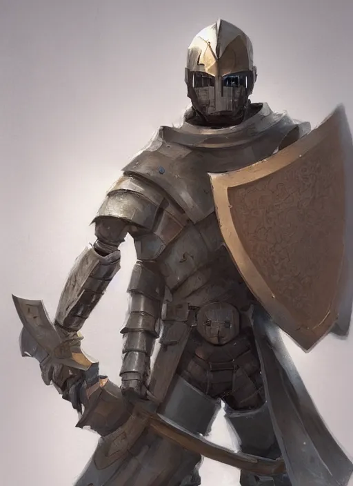 Image similar to portrait of a warforged character holding a paladin engraved longsword and carrying a big shield, epic rough concept art, by Greg Rutkowski