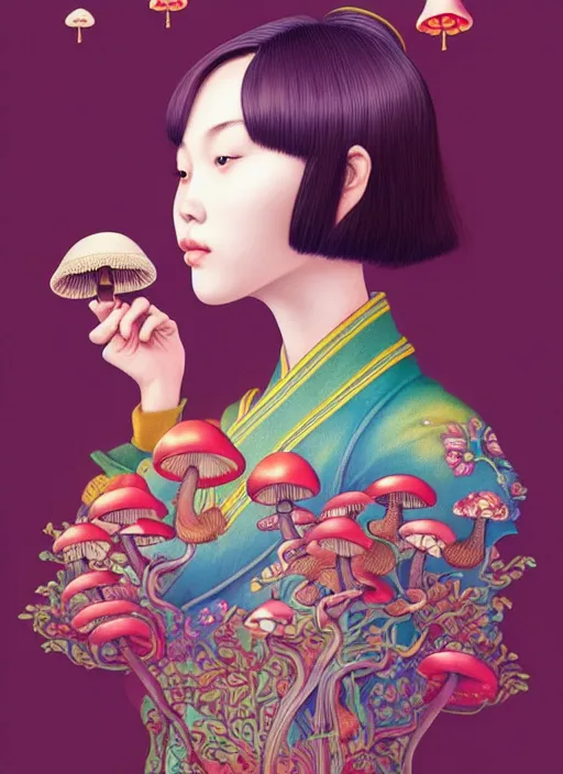 Image similar to pretty chinese girl holds hallucination mushroom : : by martine johanna and simon stalenhag and chie yoshii and casey weldon and wlop : : ornate, dynamic, particulate, rich colors, intricate, elegant, highly detailed, centered, artstation, smooth, sharp focus, octane render, 8 k