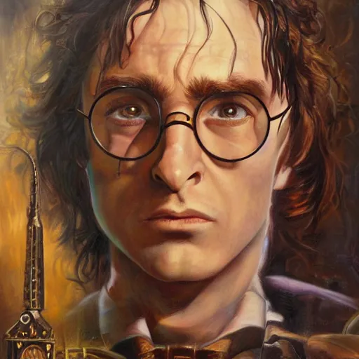 Prompt: detailed portrait of harry potter steampunk intricate, hyper detailed, realistic, oil painting, by julie bell, frank frazetta, cinematic lighting
