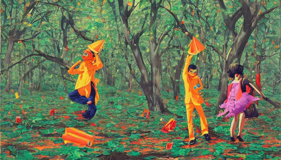 Image similar to safety cones scattered around an oak tree forest, man in muppet gorilla sri lankan costume dancing in the distance dancing, by james jean by ilya kuvshinov kintsugi, hyper detailed surrealist painting