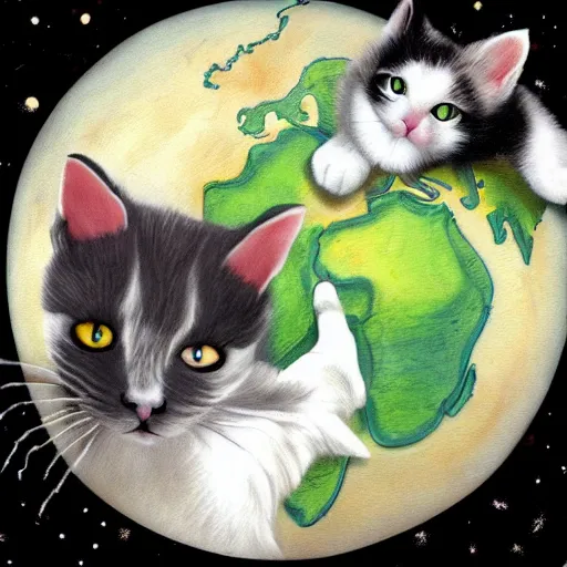 Image similar to white cat with black parts in fur, with green eyes holding planet earth with paws, the planet is on fire