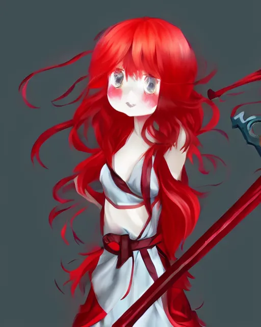 Prompt: red hair cute female maid holding scythe, artstation; by kanliu666, chengwei pan, mingchen Shen, feng wei, crow god