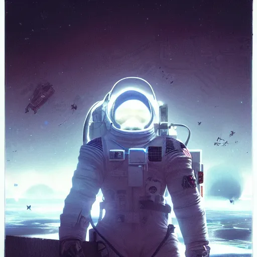 Prompt: Astronaut from Death Stranding flying over graveyard at night, by Yoji Shinkawa
