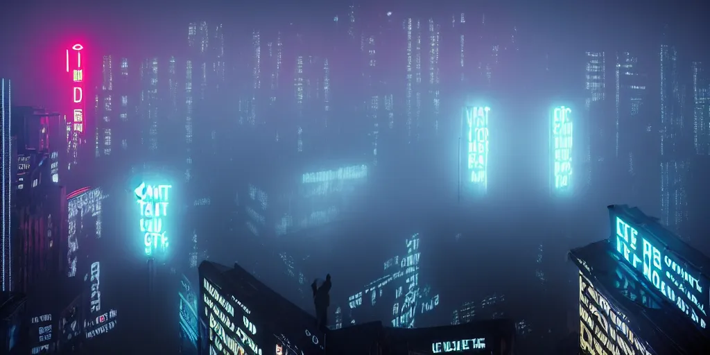 Image similar to giant illuminated advert screens, eerie fog, megacity streets seen from above, neon signs, blade runner, ex machina