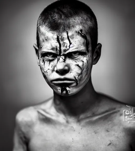 Prompt: portrait of a prisoner, 2 0 yo, angry look, scars, dark background, studio light, hdr, nikon 3 5 mm f / 1. 8 g, by sebastiao salgado