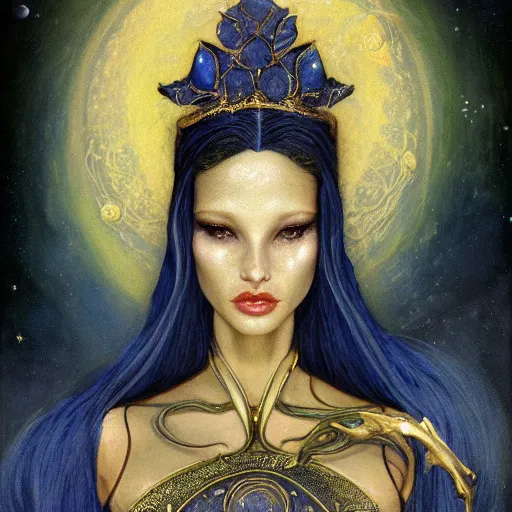 Prompt: painting of slim priestess of the moon, golden filigree armor and tiara, moon above head, dark blue straight hair, smooth translucent skin, wide striking eyes, beautiful! coherent! by brom, by brian froud, strong line, high contrast, muted color, preraphaelite style, 4 k, trending on artstation