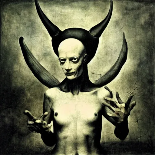 Image similar to iconic photo of the devil by hieronymus bosch, joel peter witkin, annie liebovitz, michelangelo.