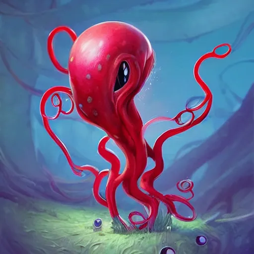 Prompt: a cute beautiful plant type pokemon with beautiful happy smile, red tentacles bursting out of his hair, full body portrait, highly detailed digital art, 3 d perspective, award - winning illustration, aesthetic, smooth, pokemon style, made by greg rutkowski, with an alien landscape in the background