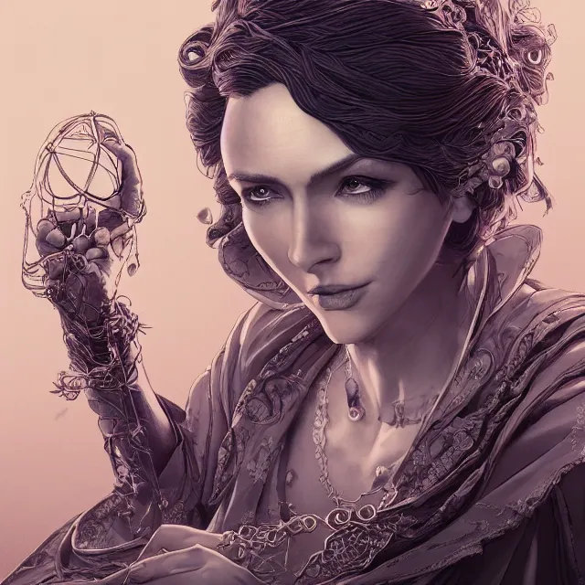 Image similar to the portrait of the lawful evil sorceress lawyer as an absurdly beautiful, jaded, elegant, sophisticated, woman, an ultrafine hyperdetailed illustration by kim jung gi, irakli nadar, intricate linework, bright colors, octopath traveler, final fantasy, unreal engine 5 highly rendered, global illumination, radiant light, detailed and intricate environment