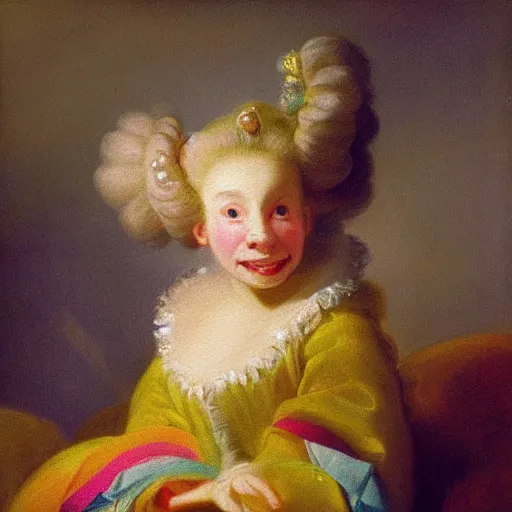 Prompt: helga pataki's teeth, soft rainbow light, painting by fragonard