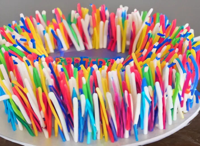 Prompt: A birthday cake with toothbrushes instead of candles