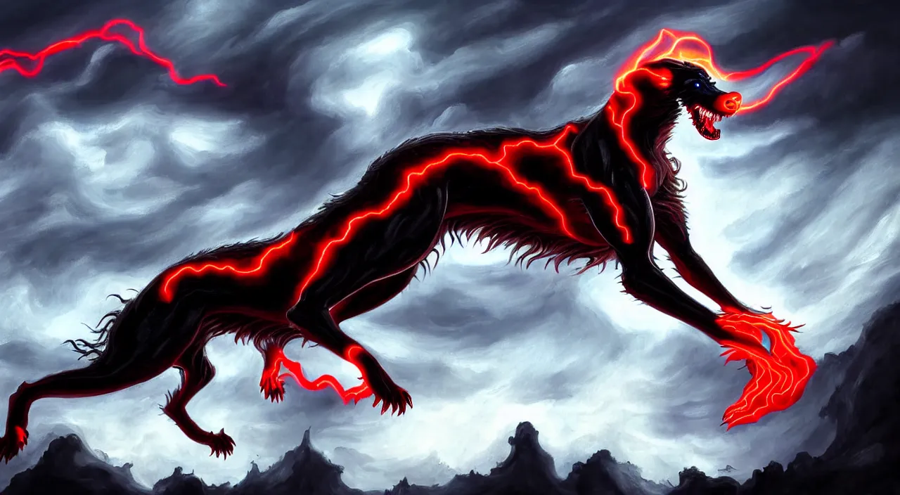 Prompt: very oily aggressive painting of a demon borzoi with glowing red eyes floating above the clouds looking down on humanity, borzoi, venom movie, ghostly form, cities below him, transparent, d & d, highly, in the style of frank miller, detailed art, digital art, art stations, concept art, sharp focus, illustration, cinematic lighting, paint smears