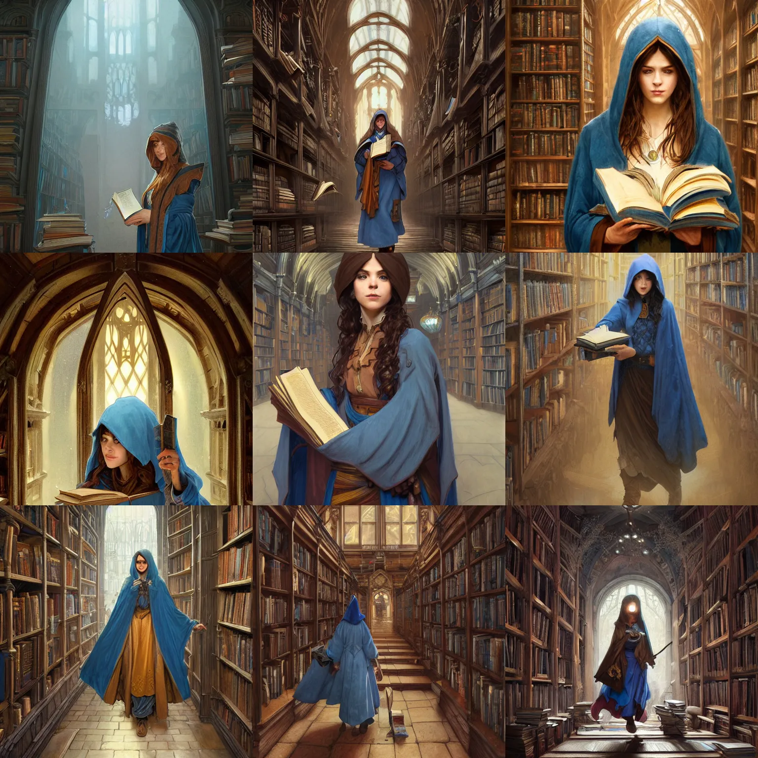 Prompt: a female wizard with brown hair wearing a blue hood and blue robe carrying a stack of books inside an old library, fantasy, highly detailed, digital painting, artstation, concept art, character art, art by greg rutkowski and tyler jacobson and alphonse mucha