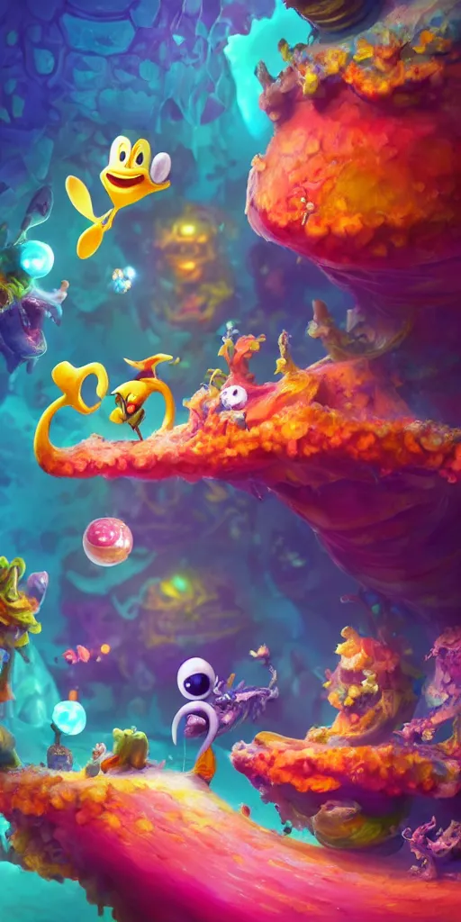 Image similar to rayman and ori in a colorful deep sea cave with strange cute friendly happy creatures with huge eyes, mouth, long tongue and round teeth appearing from sandy coral, in the style of gehry and gaudi, macro lens, shallow depth of field, ultra detailed, digital painting, trending artstation, concept art, illustration, cinematic lighting, photorealism, epic, octane render