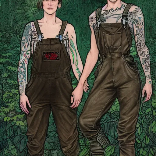 Image similar to short - haired tattooed heroic stoic handsome muscular blonde butch tomboy woman engineer in overalls standing beside dark fae feathered gothic jennifer connelly in black cloak standing together in a beautiful lush garden at night, in love, highly detailed, trending on art station, mucha