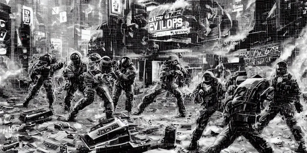 Image similar to 1992 Video Game Concept Art, Anime Neo-tokyo Cyborg bank robbers vs police, Set in Cyberpunk Bank Vault, bags of money, Multiplayer set-piece :9, Police officers hit by bullets, Police Calling for back up, Bullet Holes and Blood Splatter, :6 ,Hostages, Smoke Grenades, Riot Shields, Large Caliber Sniper Fire, Chaos, Cyberpunk, Money, Anime Bullet VFX, Machine Gun Fire, Violent Gun Action, Shootout, Escape From Tarkov, Payday 2, Highly Detailed, 8k :7 by Katsuhiro Otomo + Studio Gainax + Sanaril : 8