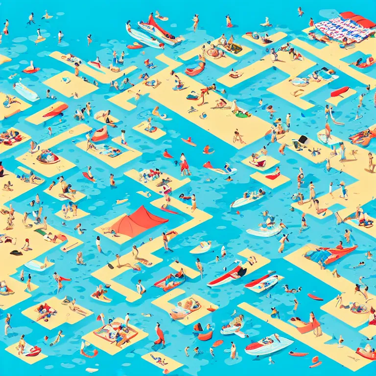 Prompt: high detailed full page spread from the where's waldo at a densely populated beach, isometric, waldo in the top right of frame, high detail illustration, coherent