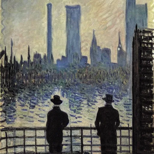 Image similar to Impressionist Noir victorian men in cityscape post-impressionist London by Claude Monet in Sin City