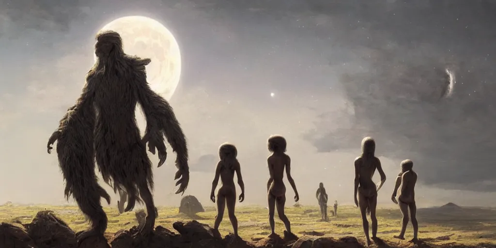 Image similar to A hyperrealistic painting of the first humans looking at the moon for the first time from the perspective of the creator alien race, by Greg Rutkowski, Sung Choi, Mitchell Mohrhauser, cinematic lighting, fine details, esoteric