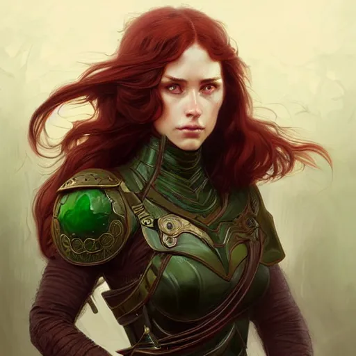 Image similar to Portrait of serious female ranger, D&D, green eyes, face, long red hair, fantasy, intricate, elegant, highly detailed, digital painting, artstation, concept art, smooth, sharp focus, illustration, art by artgerm and greg rutkowski and alphonse mucha