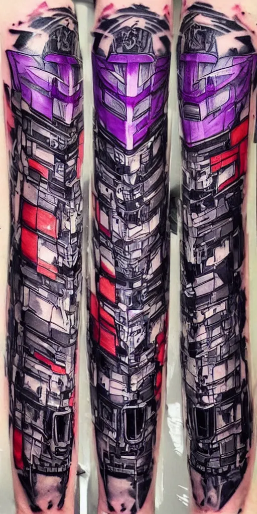 Image similar to decepticon and transformers battle collage leg sleeve tattoo, intricate, symmetrical, lazer blast, sharp, high detailed, high contrast, 1 st winner, trending, polkadot!!! grunge!!! purple!! black!! red!!