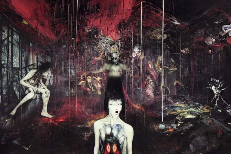 Prompt: Eventually even those who avoided the world were drawn into its madness. in a brutalist architecture space ship, gothic, rich deep colours, creepy, diabolical, dark, mystical, intrincate, maximalism, painted by Francis bacon, Adrian ghenie, James jean and Petra cortright part by Gerhard Richter, part by Takato Yamamoto. 8k masterpiece