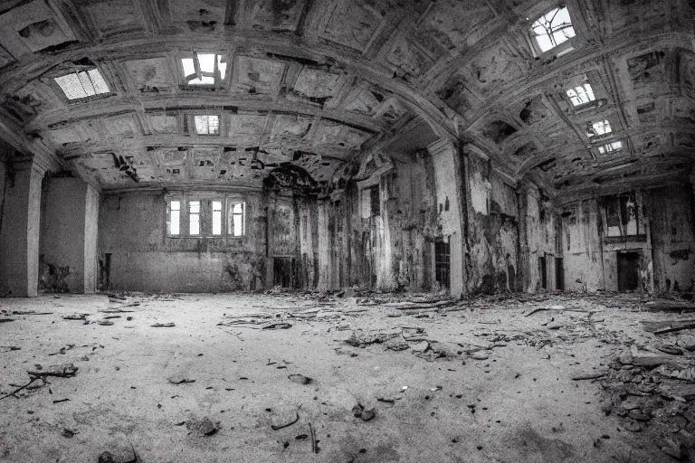 Image similar to photography of inside of an abandoned old opera fitlh and grim apex, creepy, dark atmosphere, ray of sun from the rooftop, wide angle, 1 6 mm lens fujifilm, grainy film