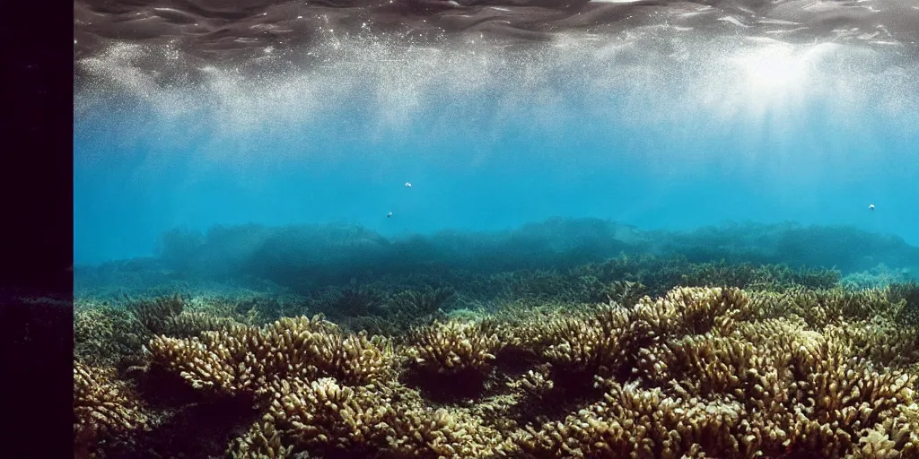 Image similar to a great photograph of the most amazing golf hole in the world, perfect light, under water, coral reef, ambient light, 5 0 mm, golf digest, top 1 0 0, fog