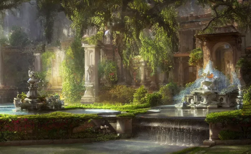 Image similar to Beautiful garden, next to a fountain and a mystical palace, intricate, elegant, volumetric lighting, digital painting, highly detailed, artstation, sharp focus, illustration, concept art, ruan jia, steve mccurry