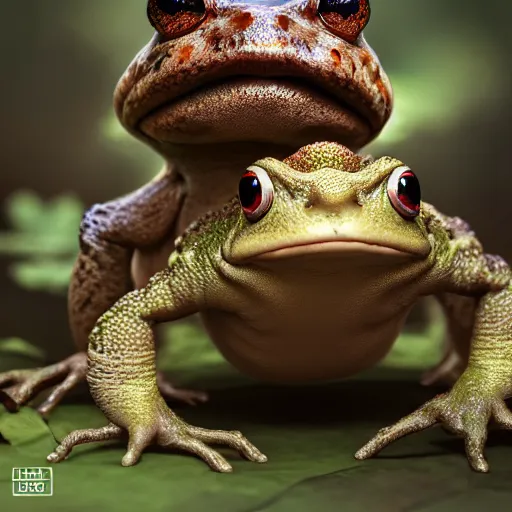 Image similar to soulful long shot of a crazy toad baby hiding under a leaf, by esao andrews, by m. w. kaluta, ultra humorous illustration, small depth of field, perspective perception, volumetric light, psychedelic colors, 3 d octane render, 8 k, conceptart, hyperdetailed, hyperrealistic, trending on artstation