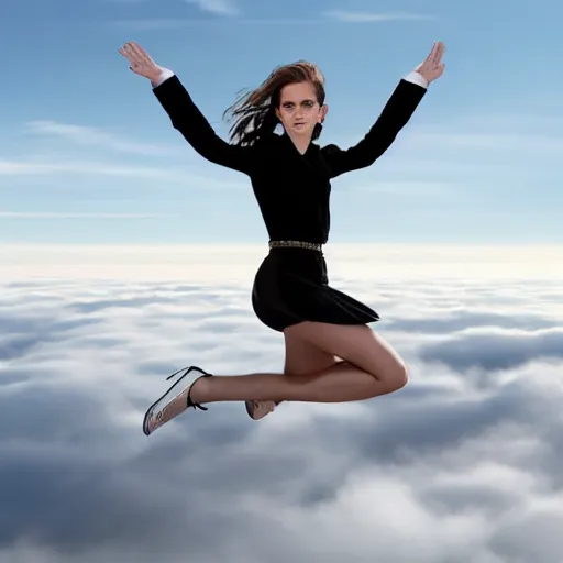 Prompt: Emma Watson flying in the clouds next to an airliner, full body shot