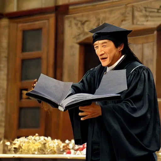 Image similar to Jackie Chan as Dumbledore giving a speech to the students