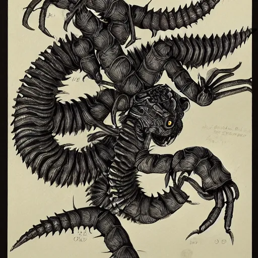 Prompt: He stands on two legs and has human arms ending in claws, with two pairs of wings, a scorpion's tail, a snake that emerges from between his legs in front, and a horned, bearded head with bulging eyes and snarling canine mouth swirls of black gouache, hopeless grey, and a daub of cold blue, intricate, highly detailed, digital painting, artstation, concept art, smooth, sharp focus, illustration, Unreal Engine 5, 8K, art by artgerm and greg rutkowski and alphonse mucha, fantasy epic digital art, epic fantasy card game art